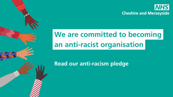 Five hands with different skin tones. The text to the left reads "We are committed to becoming an anti-racist organisation. Read our anti-racism pledge"