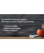 School supplies to the right. On the left the text reads "The school link workers support Warrington's school children by providing: Talking therapies, wellbeing workshops, pastoral support"