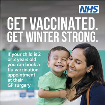 A mother and her son smiling. The text reads "Get vaccinated. Get winter strong. If your child is 2 or 3 years old you can book a flu vaccination appointment at their GP surgery"
