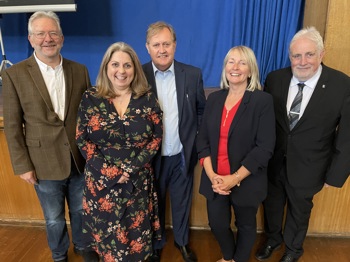 L-R Peter Dowd MP, Fiona Taylor, Cllr John Joseph Kelly, Deborah Butcher and Cllr Paul Cummins at a reception at Bootle Town Hall