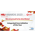 Text reads "HSJ Awards 2023. We are proud to be shortlisted. Integrated Care Initiative of the Year"