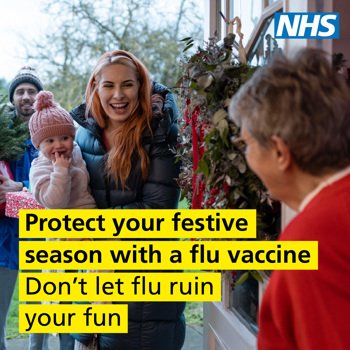 A family visits an elderly woman at her front door during the holidays. They smile warmly, holding gifts and greenery. Text reads: "Protect your festive season with a flu vaccination: Don't let flu ruin your fun."