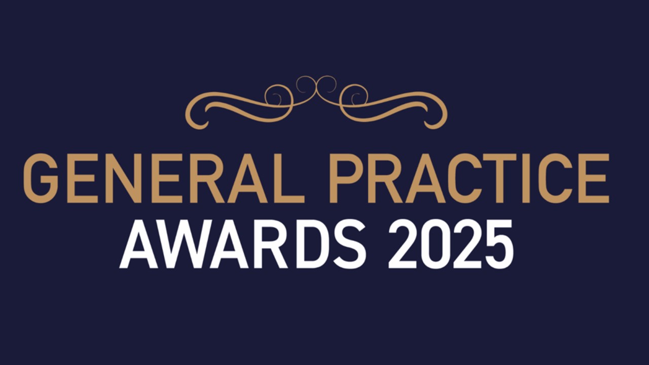 Dark blue background with "General Practice Awards 2025" in bold gold and white text.