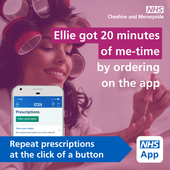 Young woman with her hair in rollers painting her nails. Text says Ellie got 20 minutes of me-time by ordering on the app. Repeat prescriptions at the click of a button