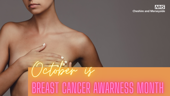 A woman with her hand covering her breasts. Text reads "October is breast cancer awareness month"