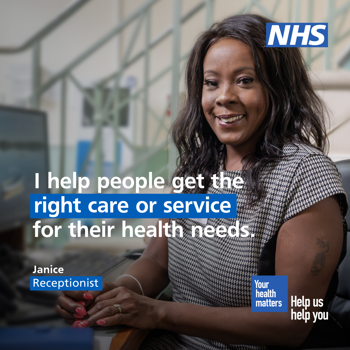 A women sitting at a desk smiling. The text reads "I help people get the right care or service for their health needs. Janice, Receptionist"