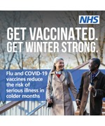 A woman and a man holding hands. Text reads "Get vaccinated. Get winter strong. Vaccines reduce the risk of serious illness in colder months"