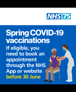 A cartoon of a man getting a vaccination. The text to the left reads "Spring Covid-19 vaccinations. If eligible, you need to book an appointment through the NHS App or website before 30th June"